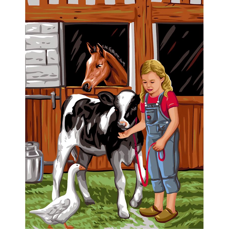 Bambina, mucca, oca e cavallo in fattoria
