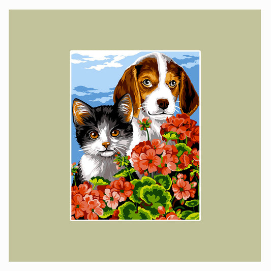 Beagle e gatto tra i fiori