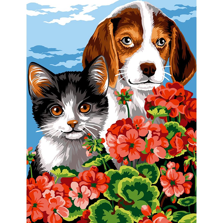 Beagle e gatto tra i fiori