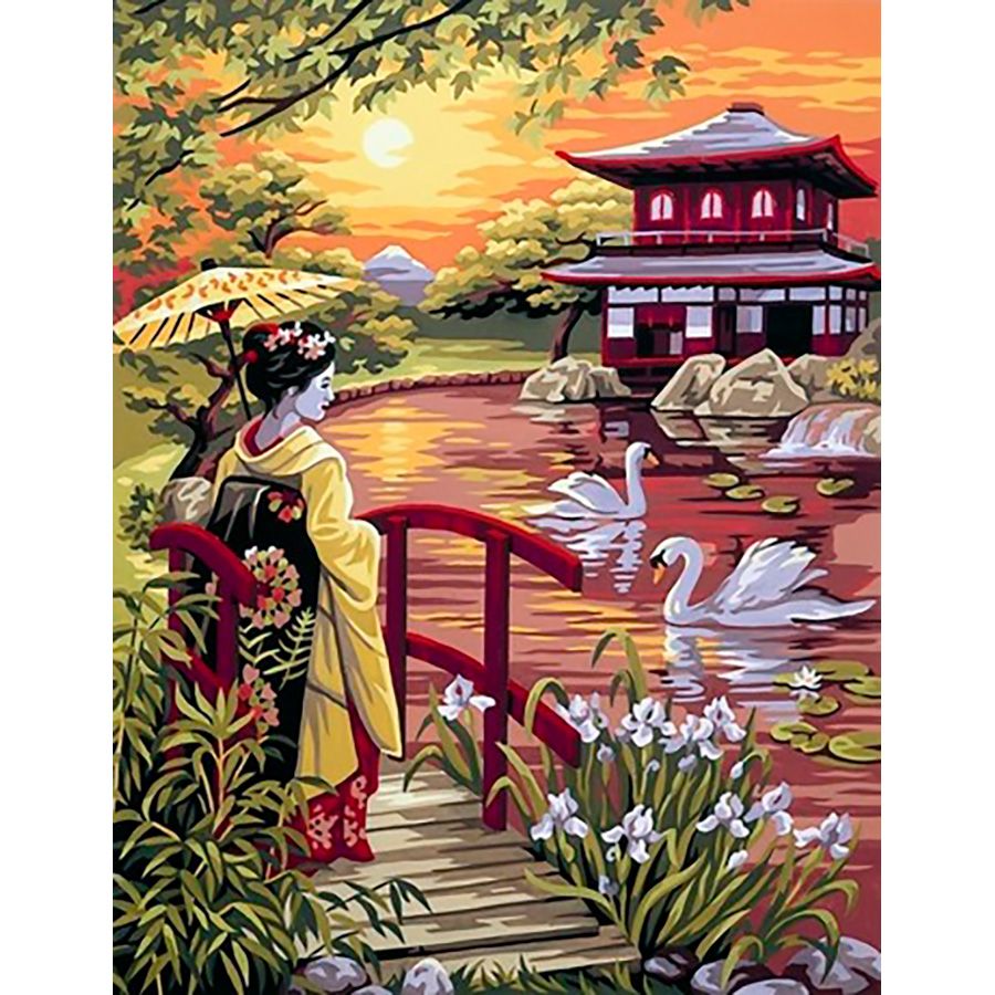 La geisha sul fiume coi cigni al tramonto