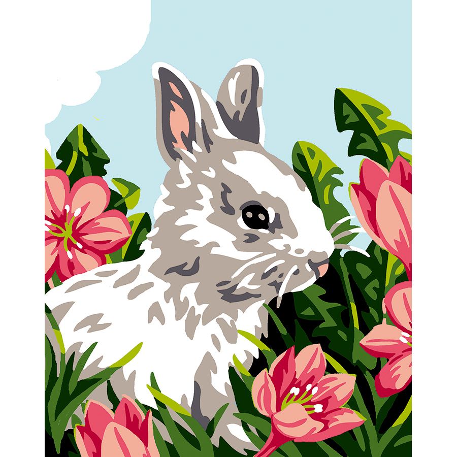 Il coniglio tra i fiori rosa