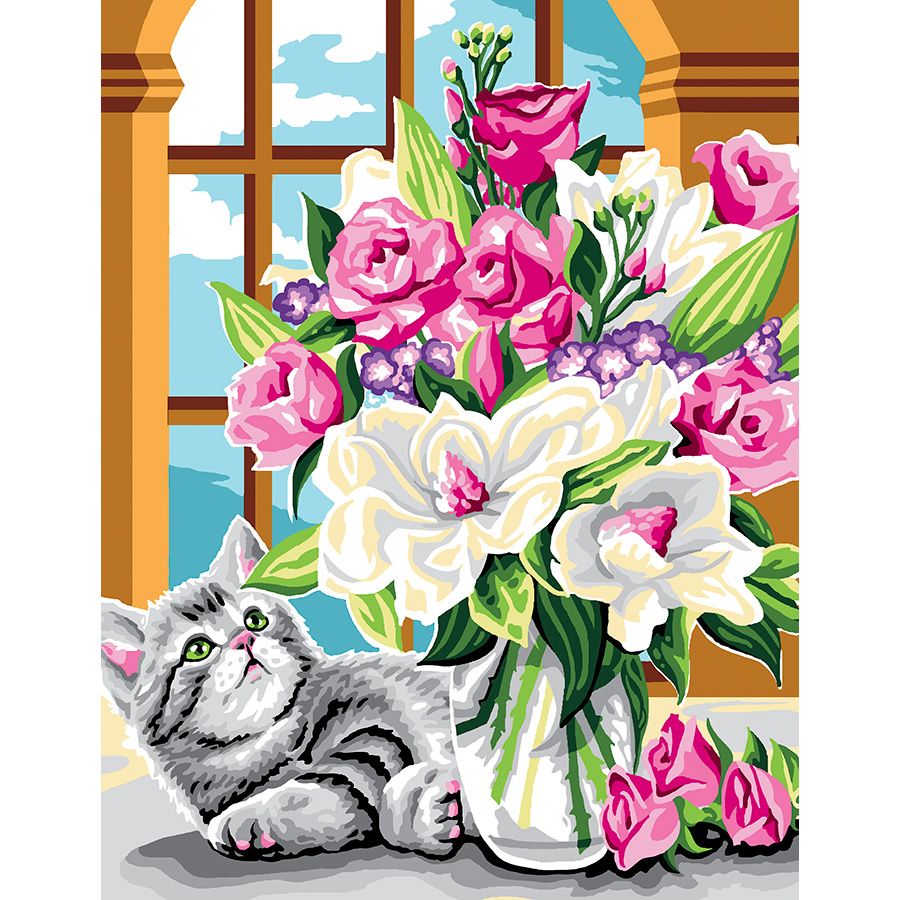 Il gatto e il vaso di fiori rosa