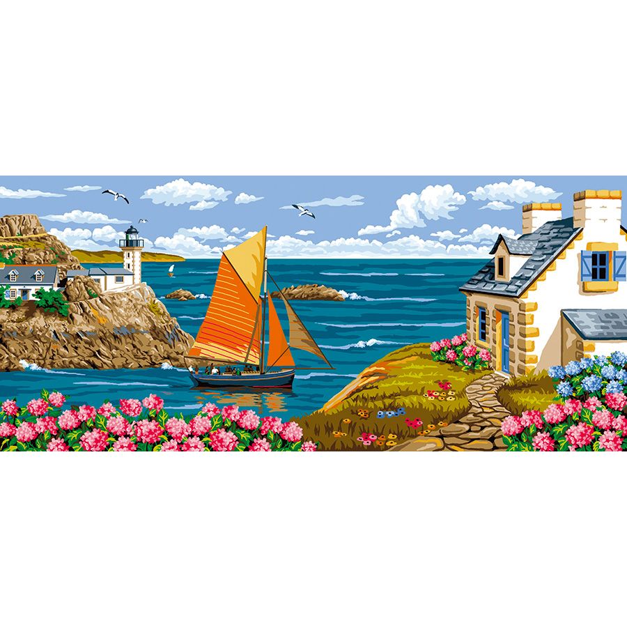Il paesaggio di mare con la barca e la casa