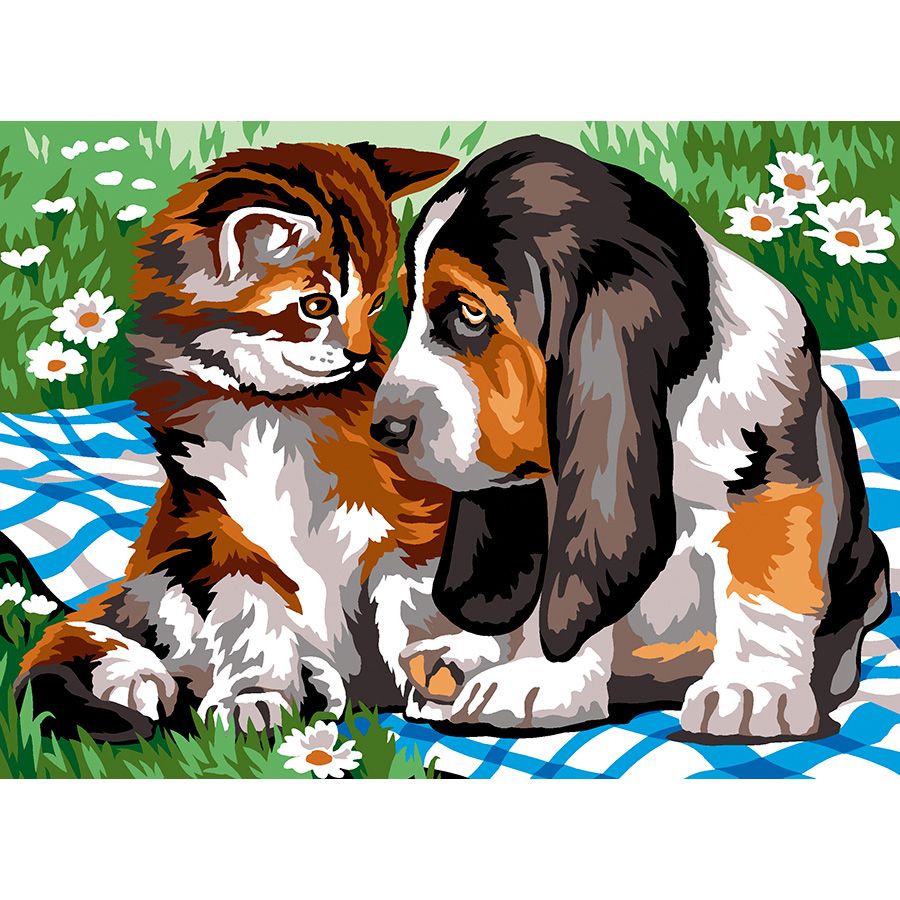 Il cane e il gatto sulla tovaglia da picnic