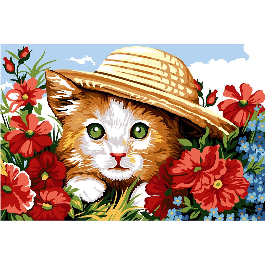 Il gatto col cappello tra i fiori