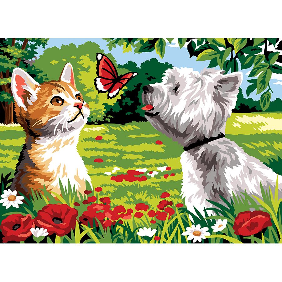 Cane e gatto con la farfalla