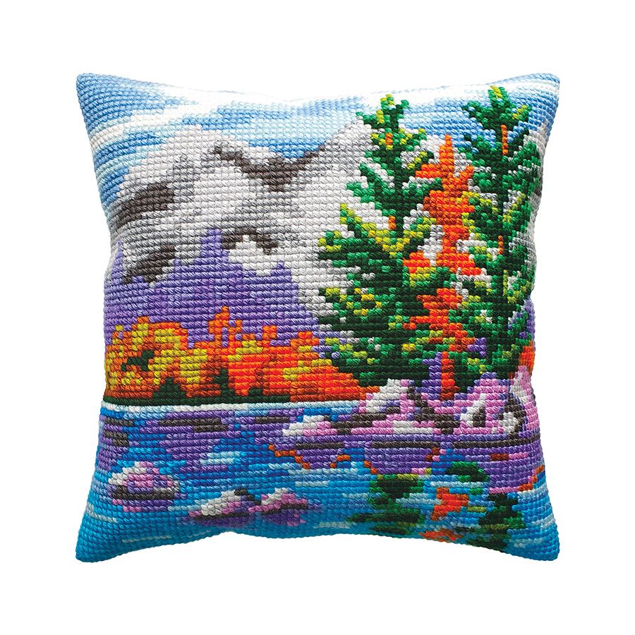 Kit Ricamo A Punto Croce Per Cuscino 45x45 Cm, Motivo Capanna Sulla Montagna Innevata, Include Tessuto, Fili, Aghi E Istruzioni