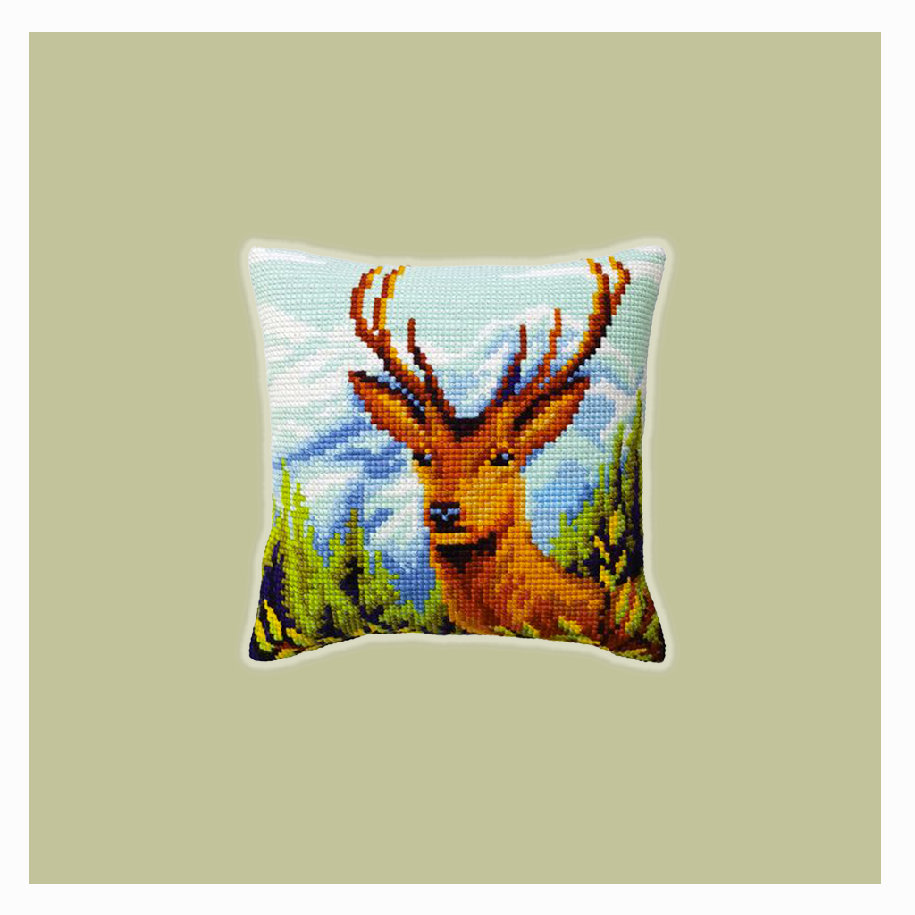 Kit Punto Croce Cervo | Cuscino 40x40cm | Principianti Ed Esperti | Materiali Europei | Istruzioni 8 Lingue