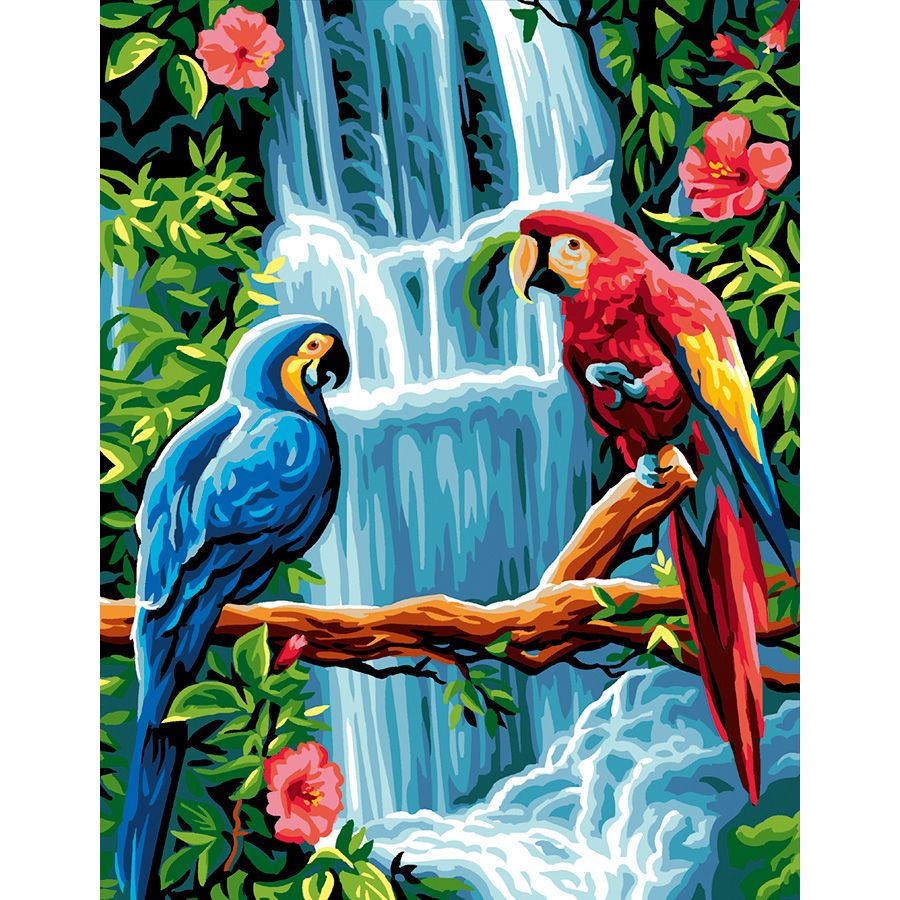 Pappagalli tropicali e cascata