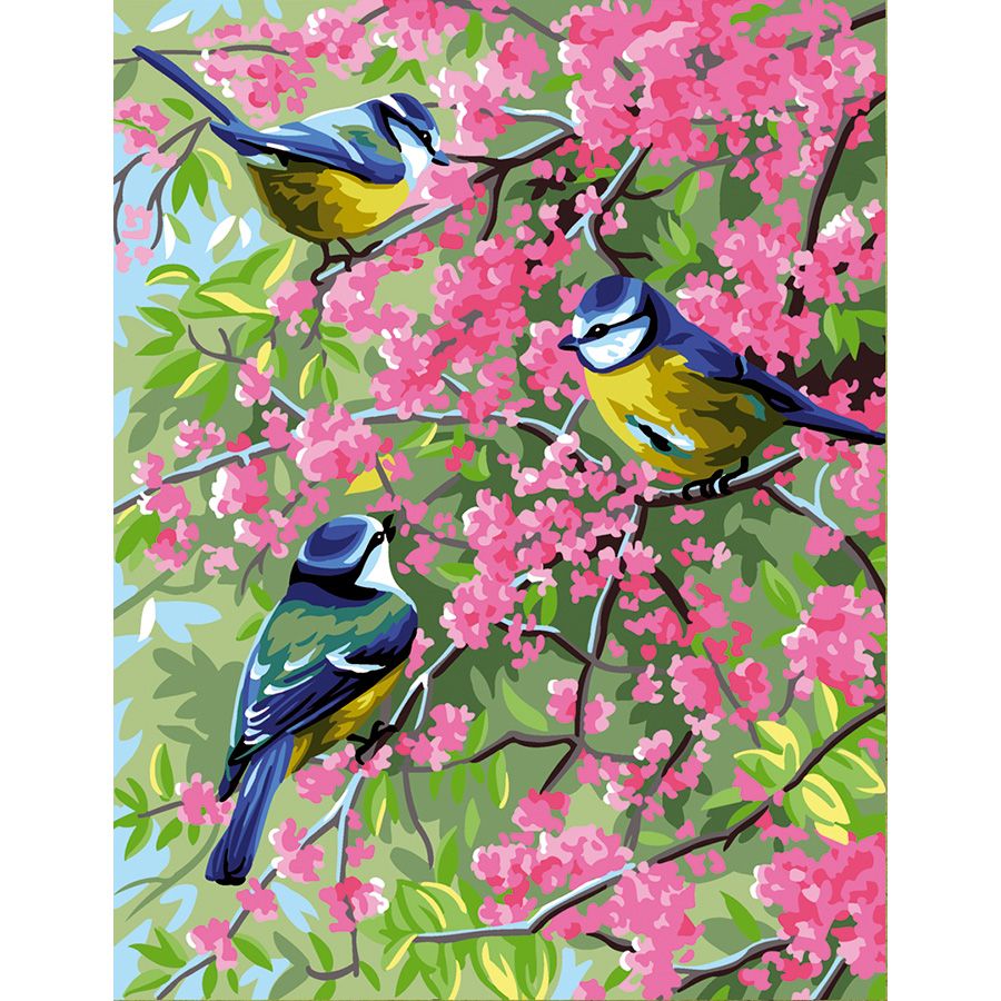 Trio di uccelli sui fiori rosa