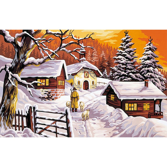 Il contadino e le casa innevate al tramonto