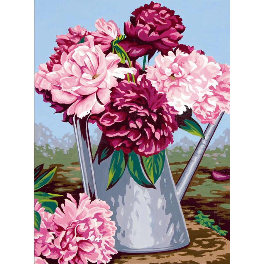 Fiori rosa e bordeaux nell'innaffiatoio