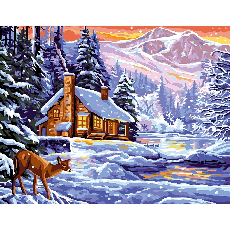 Cerbiatto sotto la neve al tramonto