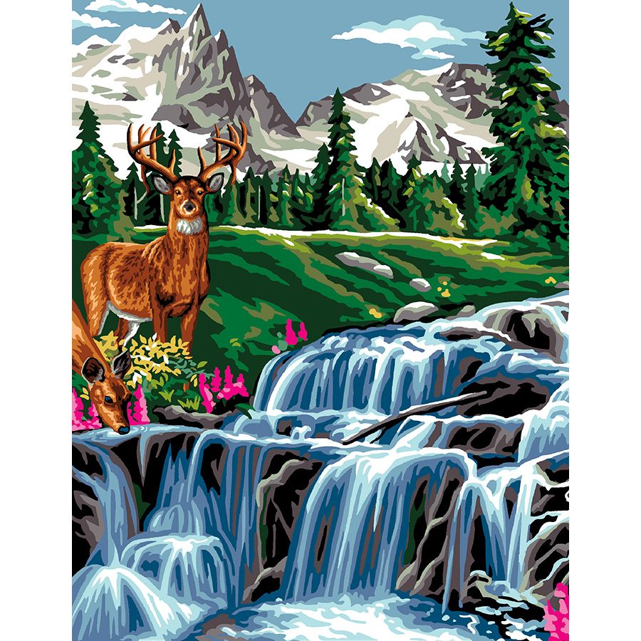 Il cervo e le cascate di montagna