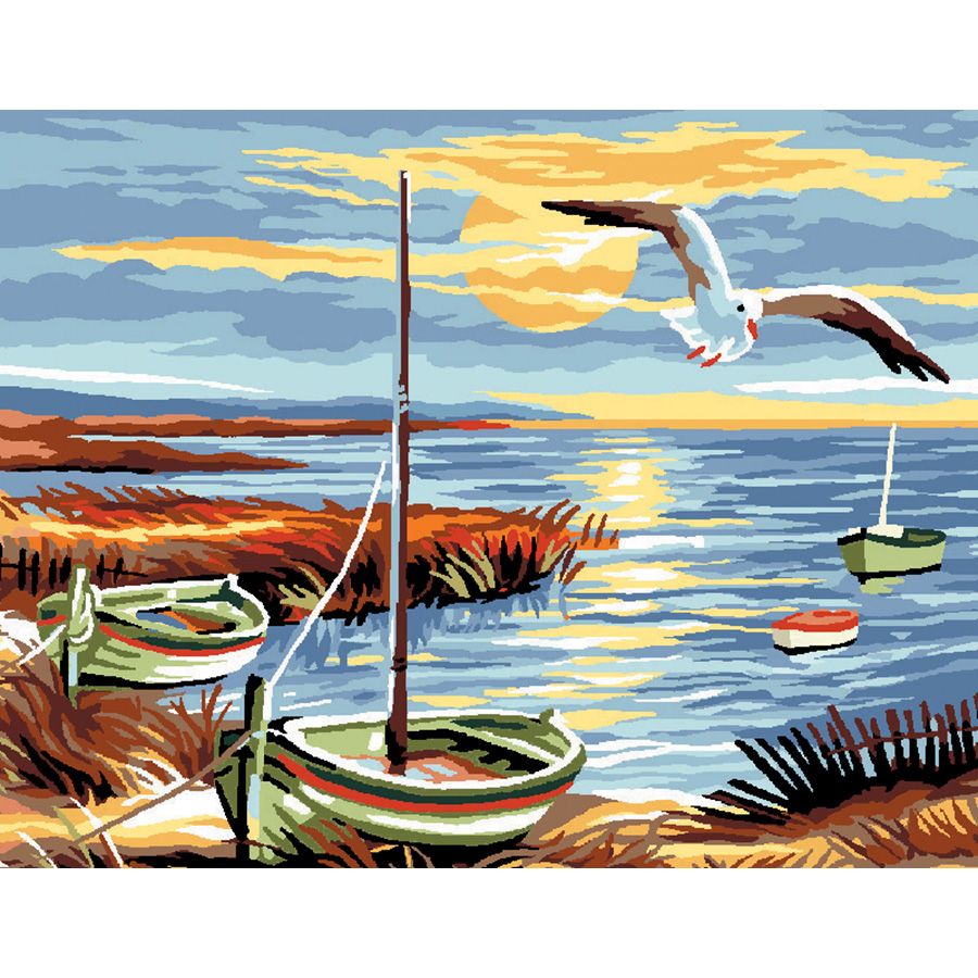 Le barche e l'uccello al tramonto