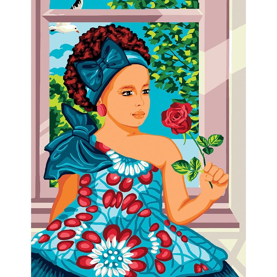 Bambina alla finestra con il fiore