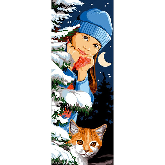 La bambina e il gatto in montagna di notte