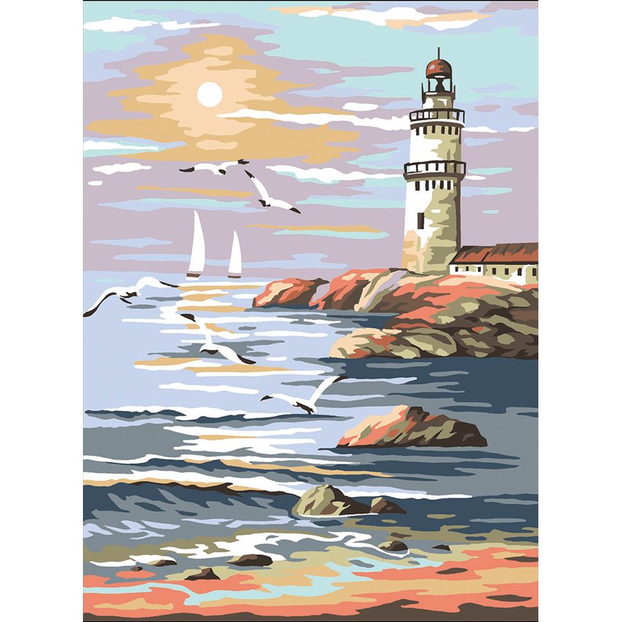 Gabbiani e faro al tramonto