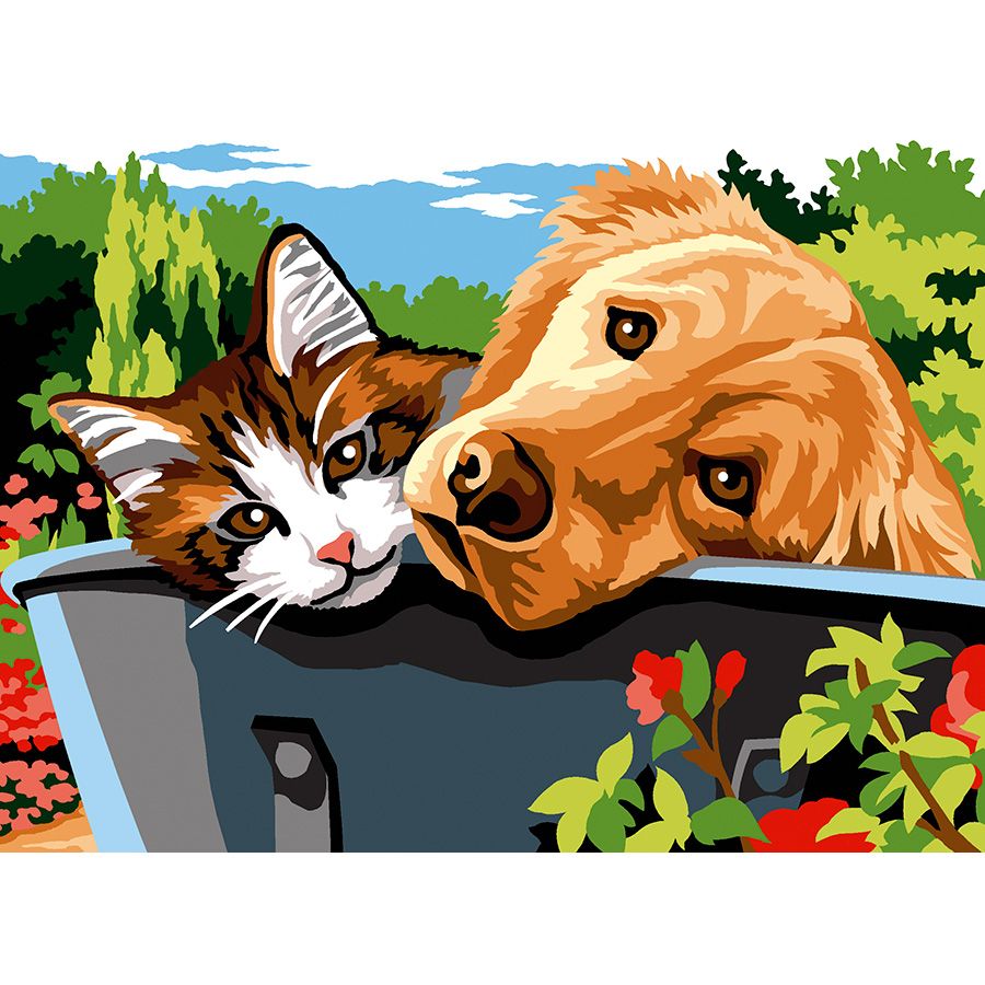 Il gatto e il cane sulla carriola