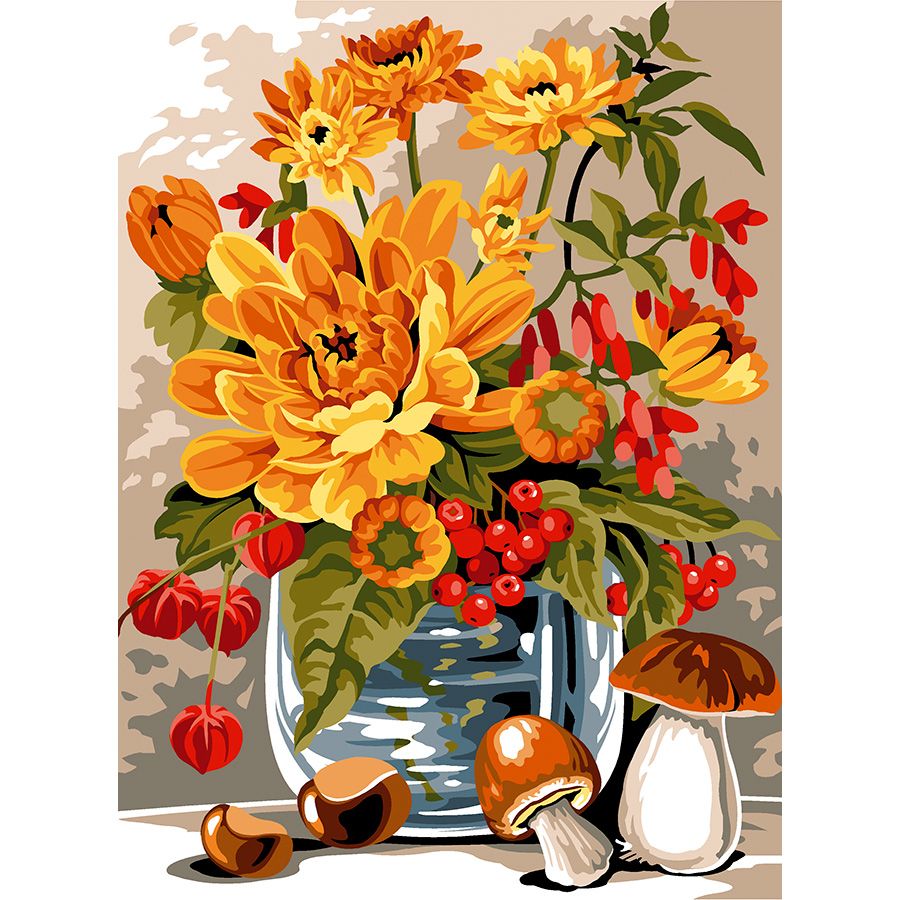 Vaso di fiori autunnale con castagne e funghi