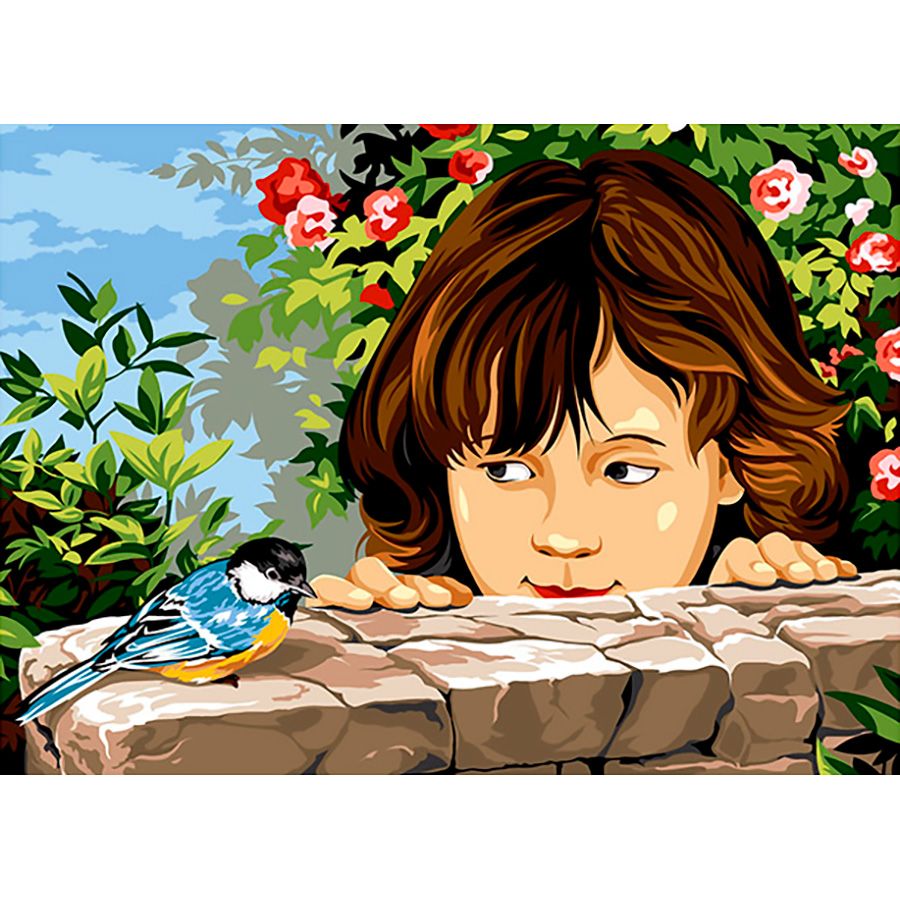 Bambina e uccellino sul muretto
