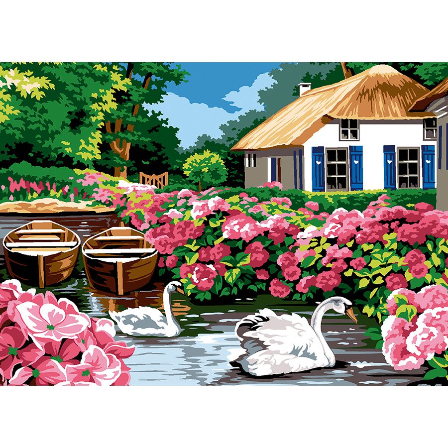 I cigni e i fiori rosa