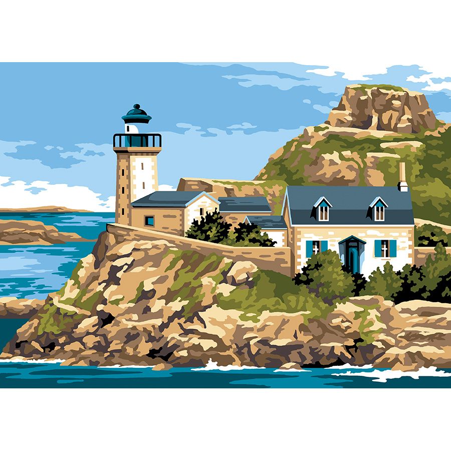 Le case e il faro blu sul promontorio