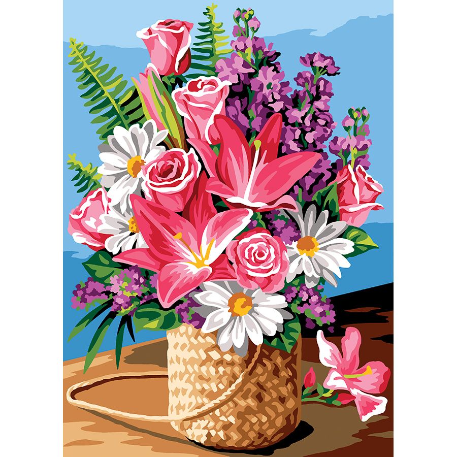 Cestino di fiori rosa e margherite