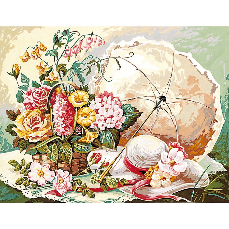 Ombrello, cesto di fiori e cappello