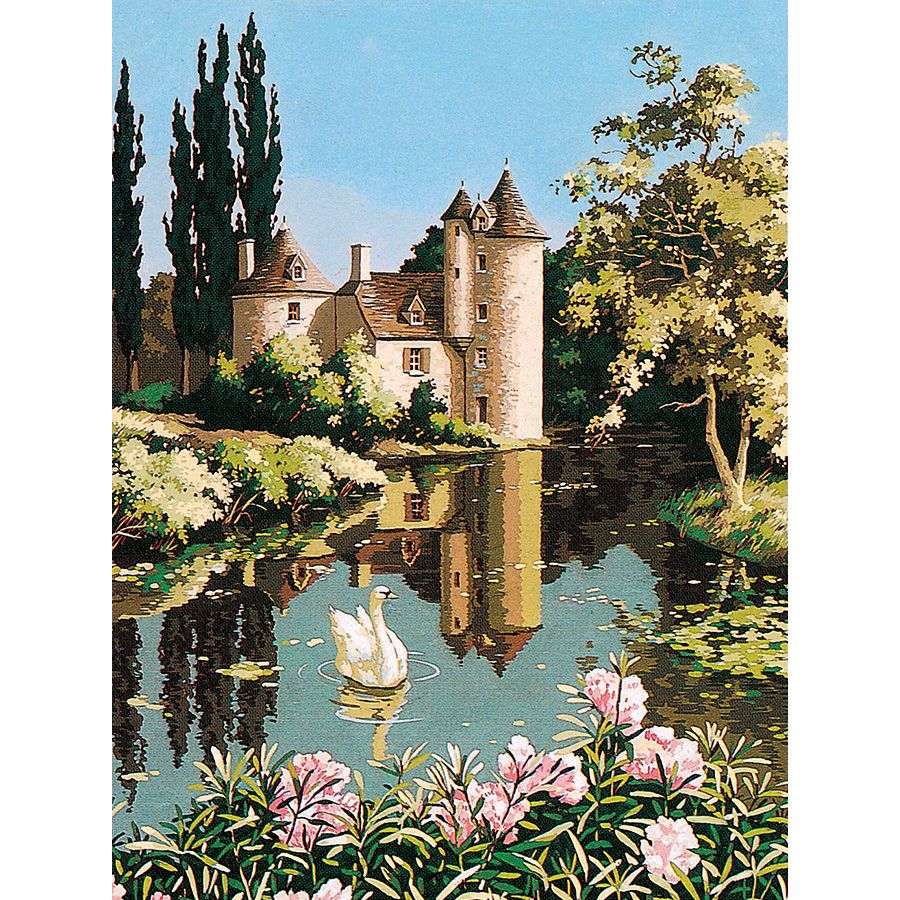 Castello antico sullo stagno con il cigno