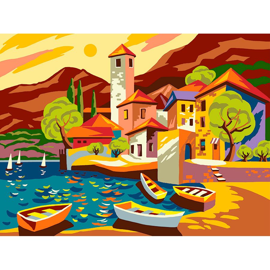 Cittadina sul lago al tramonto