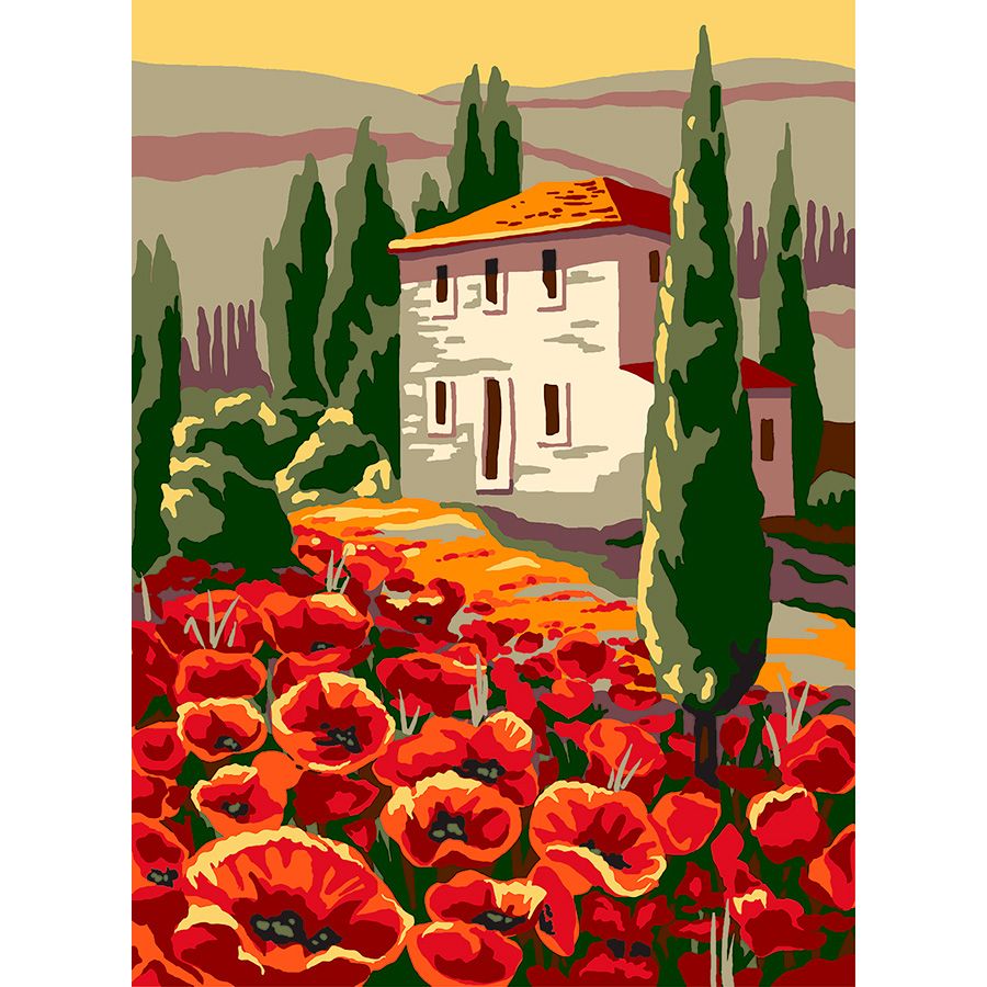 Il campo di tulipani rossi e la casa
