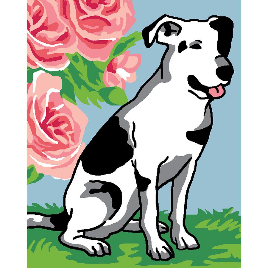 Il cane bianco e nero con i fiori rosa