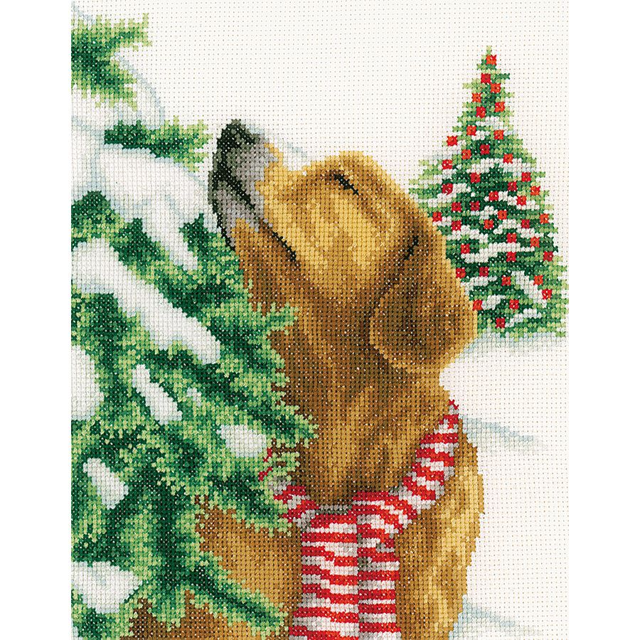 Cane in un paesaggio natalizio