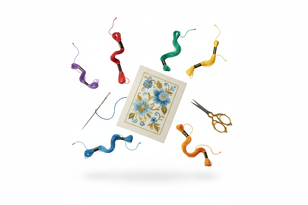 "Oggetti legati al ricamo a mezzo punto che fluttuano elegantemente: Canovaccio da ricamo, matassine DMC colorate e ago e forbici. Sfondo totalmente bianco #ffffff, illuminazione morbida, leggere ombre sotto gli oggetti per un effetto sospeso. Stile realistico, pulito ed elegante, pensato per integrarsi perfettamente in un sito web minimal."